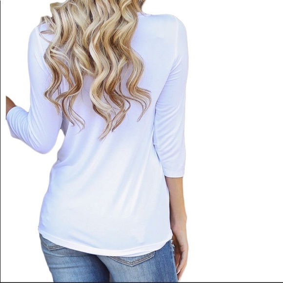 Asymmetrical 3/4 Sleeve Button Detail Top White - Picture 2 of 6